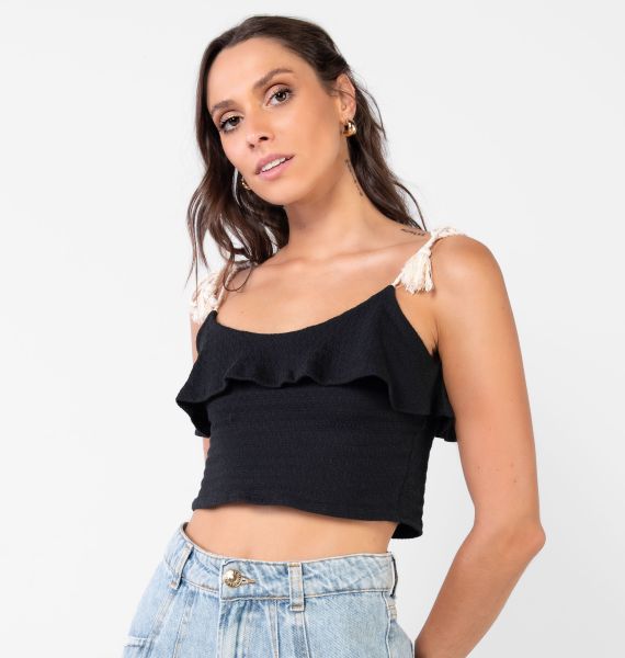 Blusa Cropped Alça Fina Com Amarração E Babado