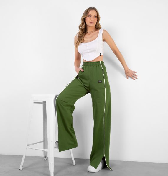 Calça Wide Leg Com Filete Bicolor