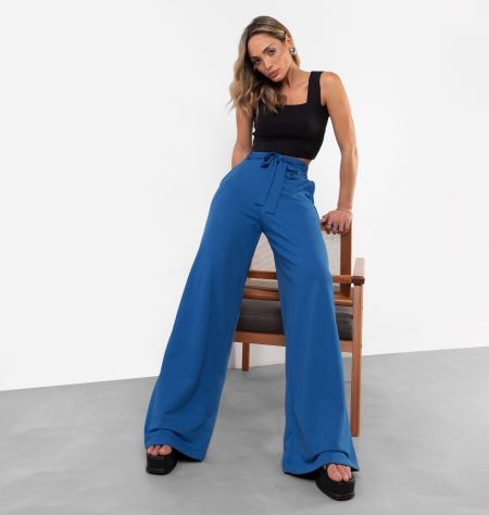 Calça Wide Leg Com Cinto Faixa